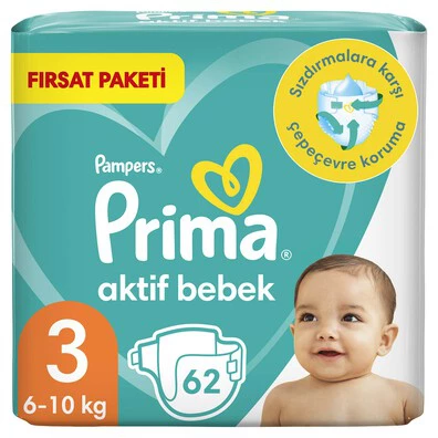 Prima Aktif Bebek 3 Beden 62 Adet Bebek Bezi Fırsat Paketi